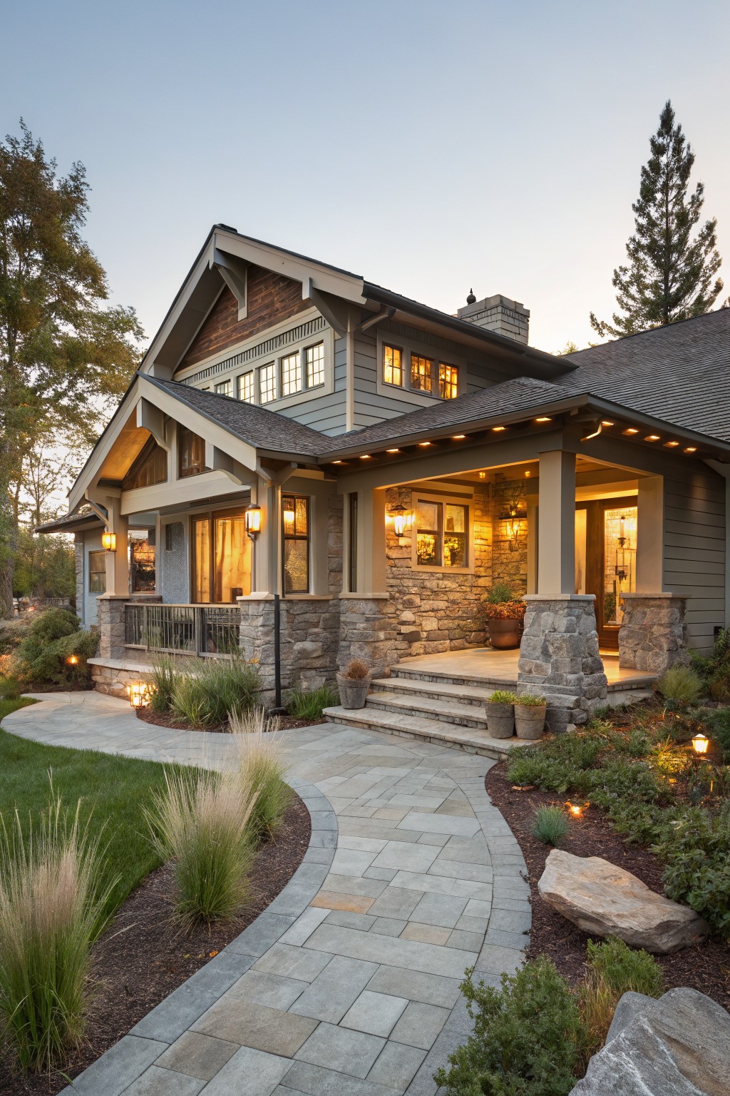 Gray Craftsman-style house exterior with shingle roof, board-and-batten siding, covered front porch supported by tall stone pillars, glass door entry, landscaping with grasses and shrubs, and curved stone pathway at dusk.