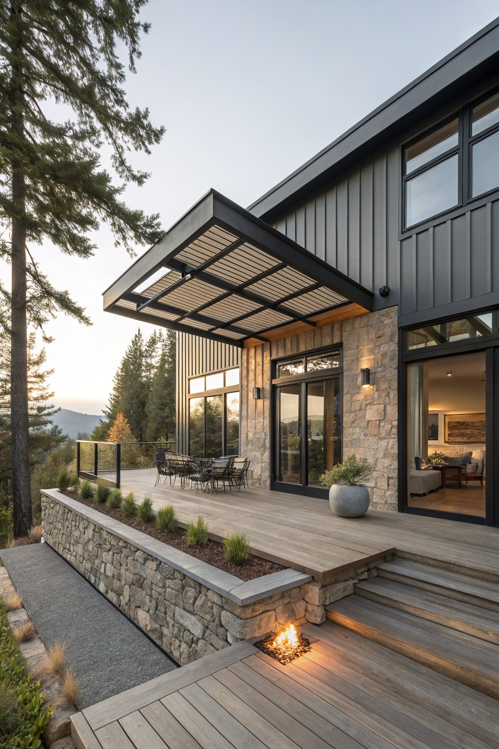 Modern two-story house exterior featuring dark gray vertical metal siding over a beige stone base and retaining walls, with a wooden deck, outdoor seating, large glass doors, and a fire feature, surrounded by pine trees on a forested hillside at sunset.