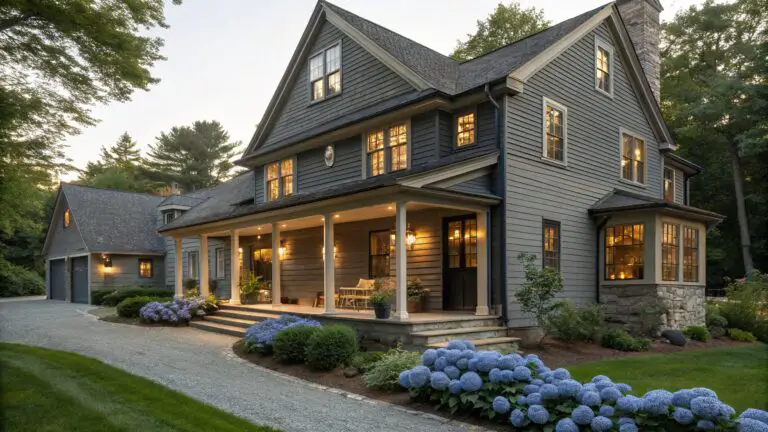Two-story gray shingle house with wrap-around porch, white columns, lit soffit lights and lanterns, large blue hydrangea pots, stone steps, and gravel path at dusk.