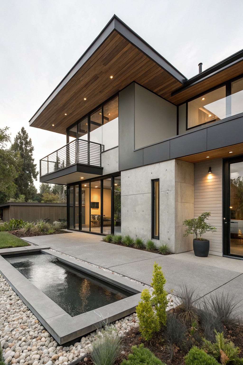 Modern two-story house exterior with gray board-formed concrete walls, cantilevered upper section with exposed wood ceiling planks, large glass windows and doors, metal balcony railing, and linear reflecting pool edged in stone amid gravel and low plants.