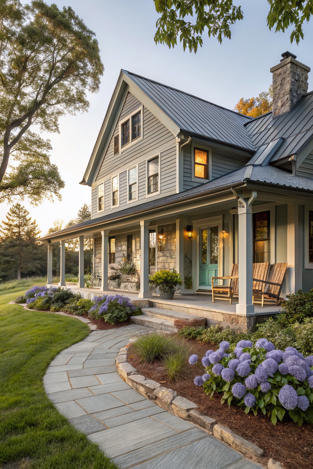 Gray clapboard house with dark metal roof, stone chimney and base, wraparound porch with columns and wooden chairs, turquoise front door, stone steps, bluestone pathway edged with hydrangeas and mulch, lawn, and trees in evening light.