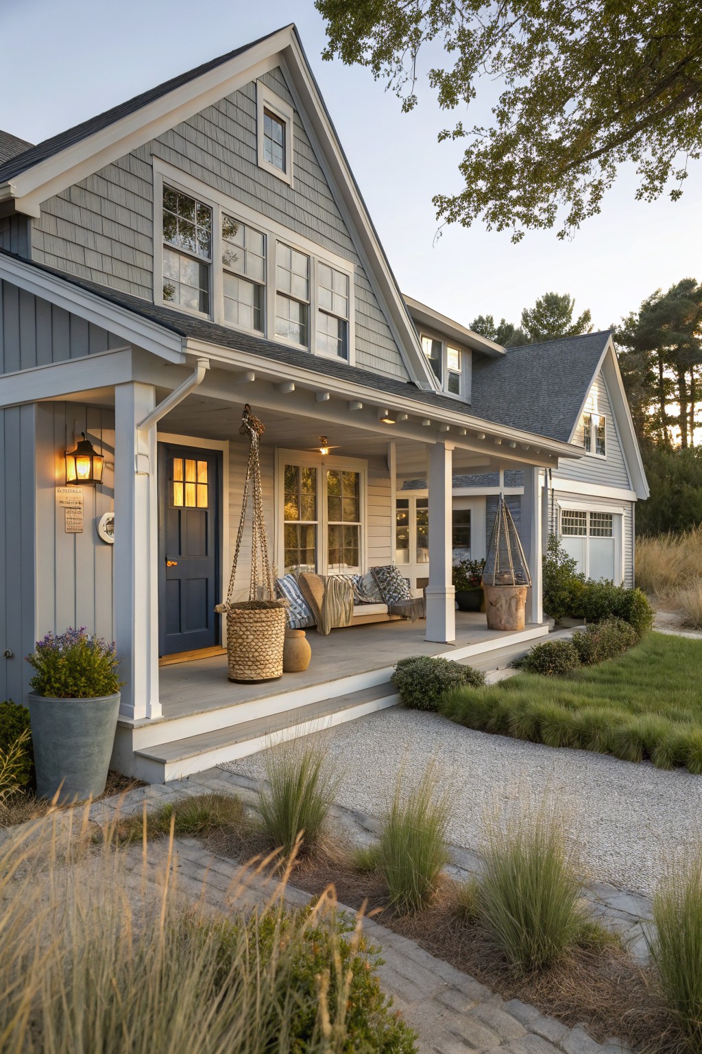 Gray shingled house with white trim, covered front porch featuring blue door, lanterns, hanging baskets, wicker furniture, and gravel path with grasses.