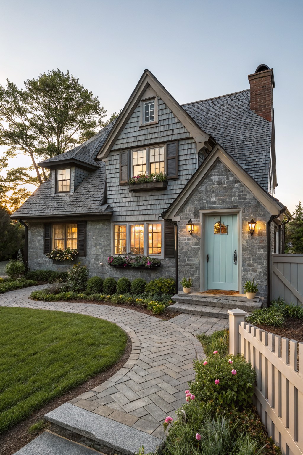 Two-story house exterior with gray shingle siding and roof, gray stone gable and base, teal front door with lanterns, window boxes with flowers, curved paver walkway, shrubs, lawn, and white picket fence.