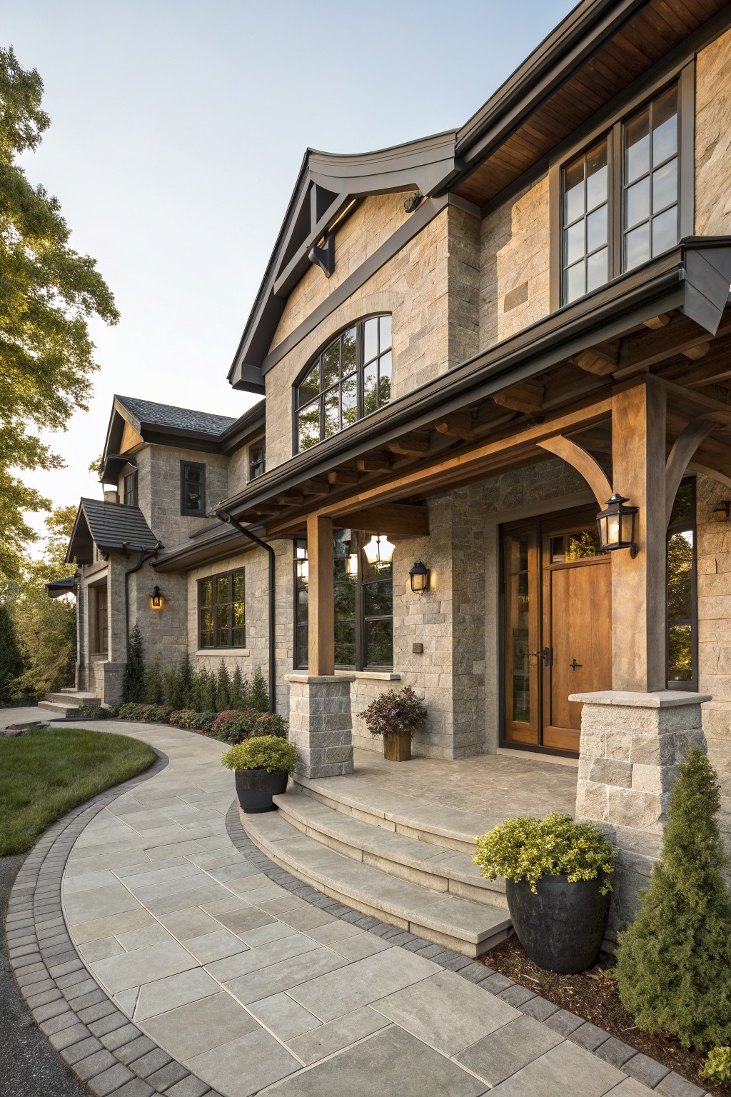 Two-story house exterior with gray stone walls, overhanging timber porch on stone pillars, wooden front door, wall lanterns, potted plants on porch, curved stone pathway, lawn, and trees.