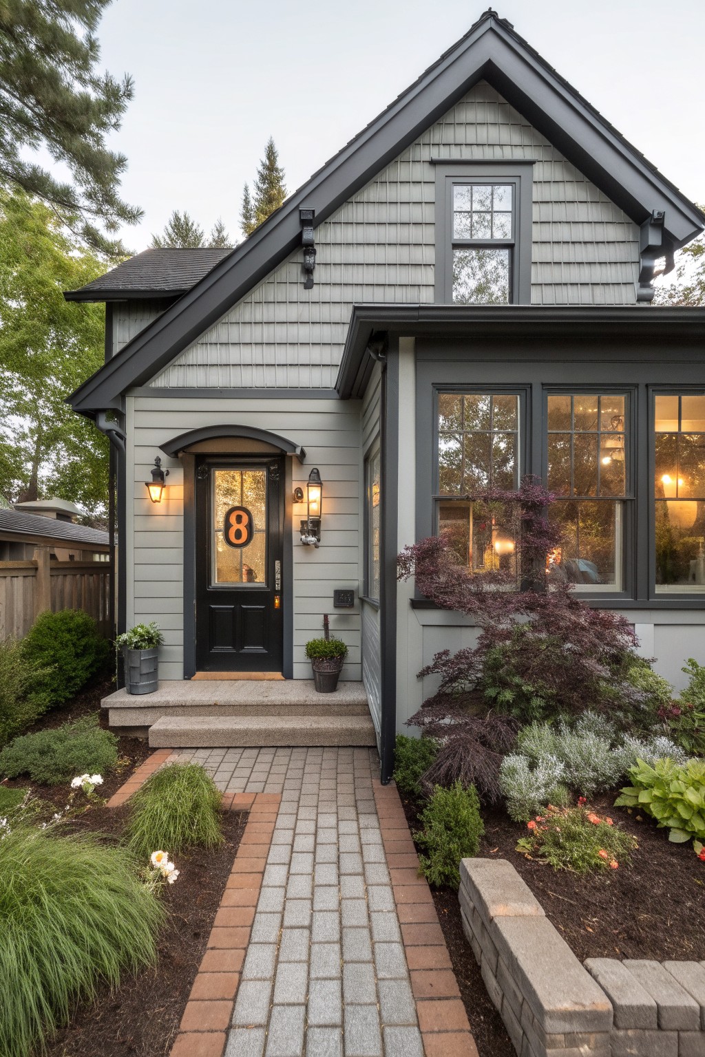 Front view of a two-story light gray shingle house with dark trim, black arched front door numbered 8, lanterns on either side, large black-framed windows, brick pathway, and surrounding plants.