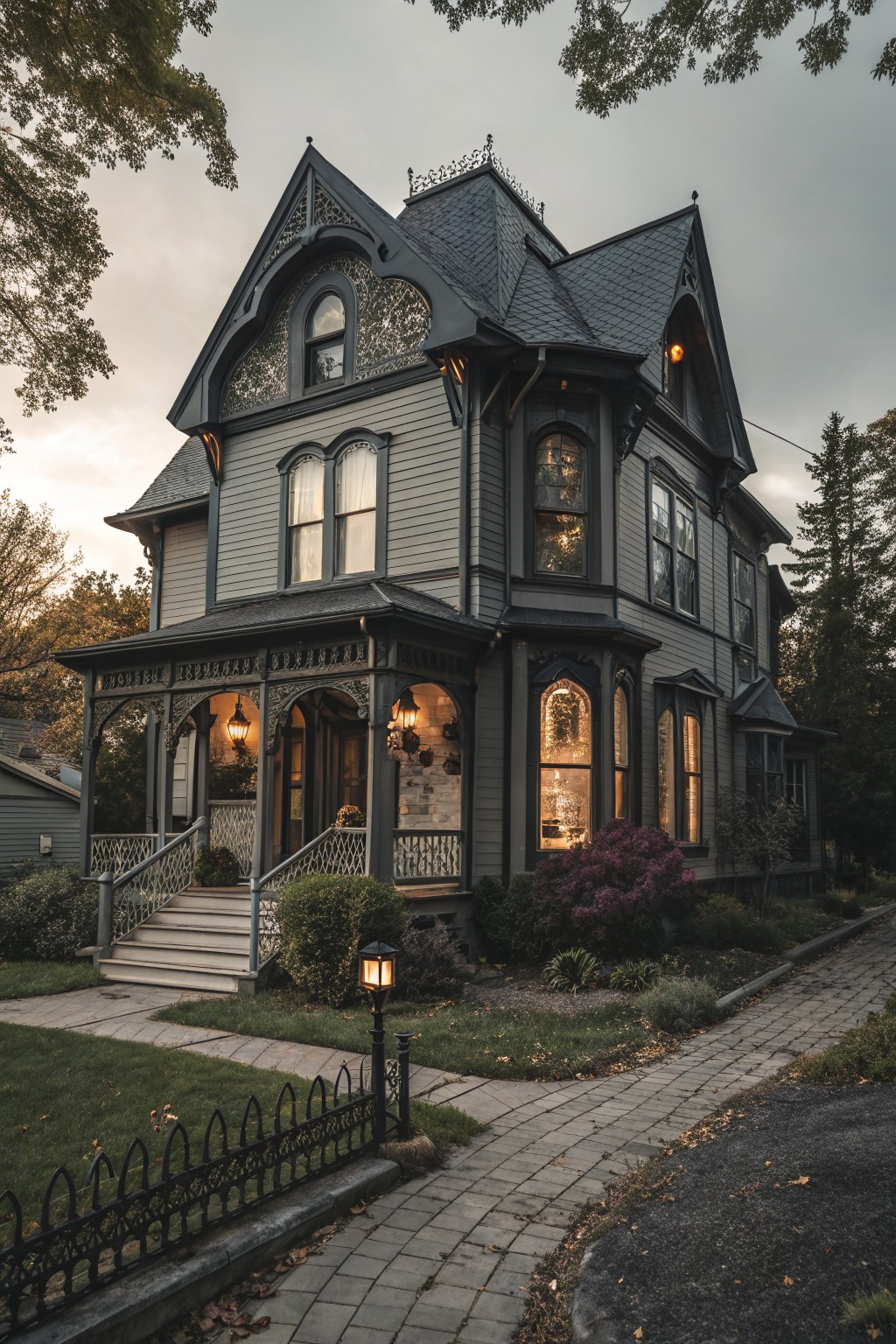 A two-story dark gray Victorian house with intricate wood trim, arched windows, a covered porch with lanterns, front steps, iron fence, stone path, and surrounding trees and shrubs.