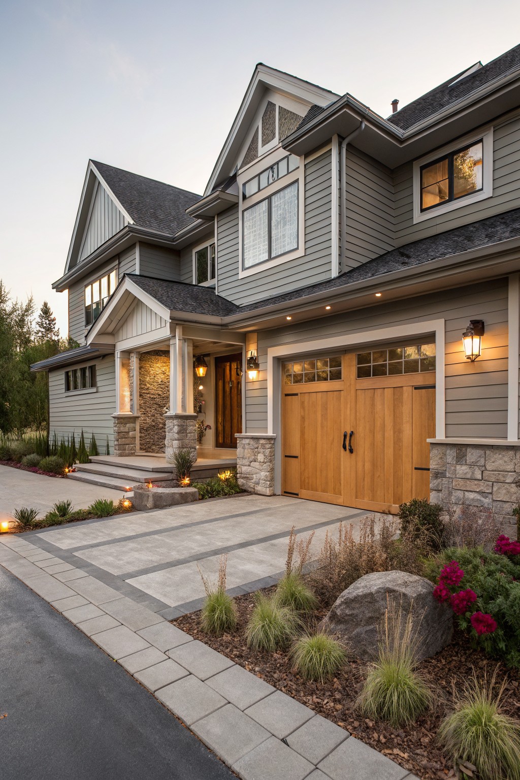 Gray shingle-style house exterior featuring double wooden garage doors, stone pillars, front steps, pathway lighting, and low plantings along the driveway at dusk.