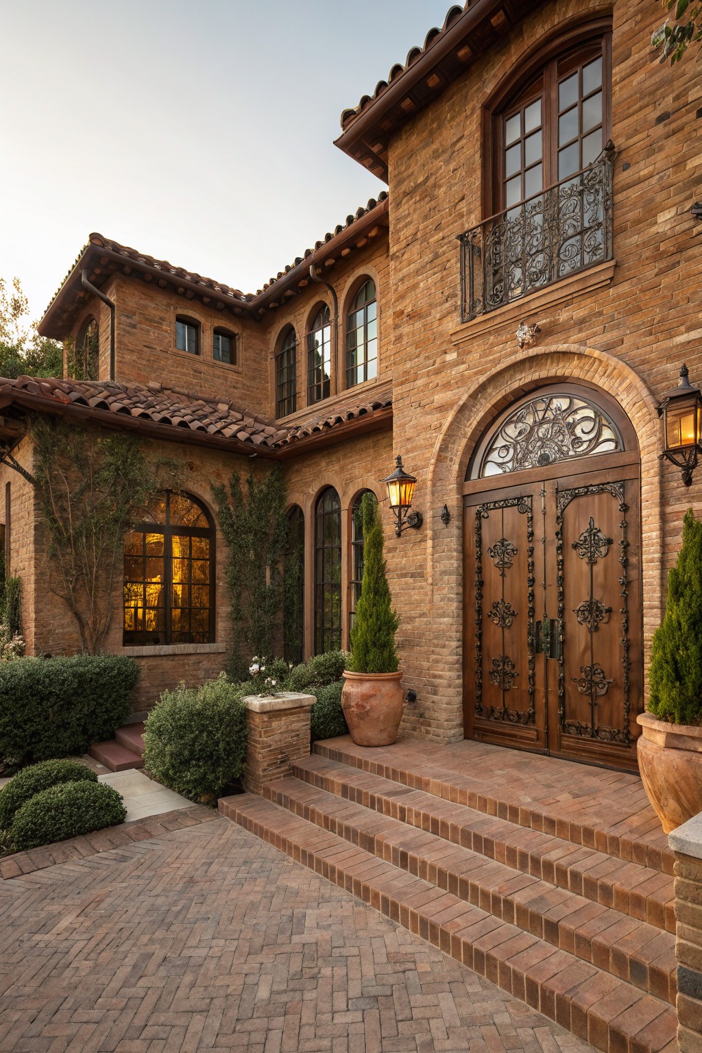 A brown brick house exterior with a tall arched entryway featuring double wooden doors with wrought iron details and hardware, flanked by lanterns, cypress trees in pots, and steps leading from a brick pathway.