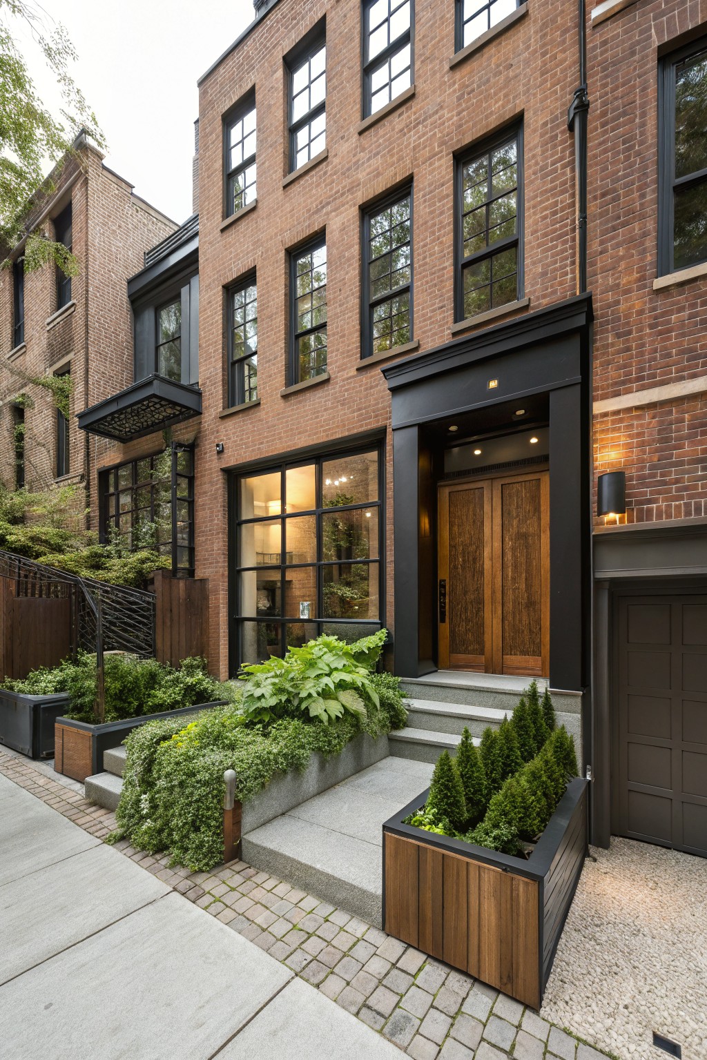 Three-story brown brick townhouse exterior featuring black metal framing around large glass windows and entryway, wooden double doors, concrete steps with wooden planters containing greenery, and a dark garage door beside it.