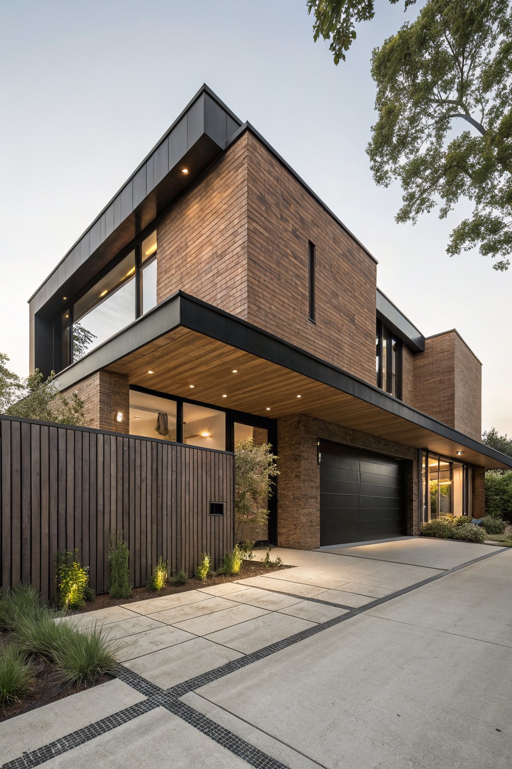 Modern brown brick house exterior at dusk with black metal cladding, wood overhang above entry and garage, concrete driveway, and low plantings along the fence.