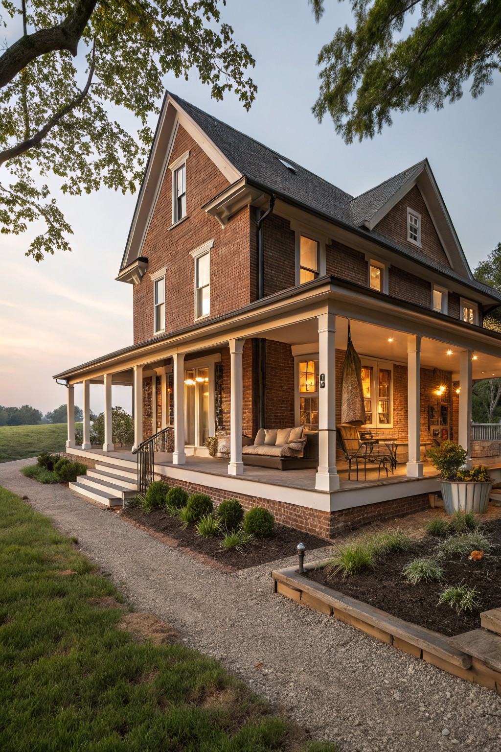 Two-story brown brick house with gabled roof, wraparound porch supported by white columns, outdoor seating, landscaping beds, and gravel path at dusk.