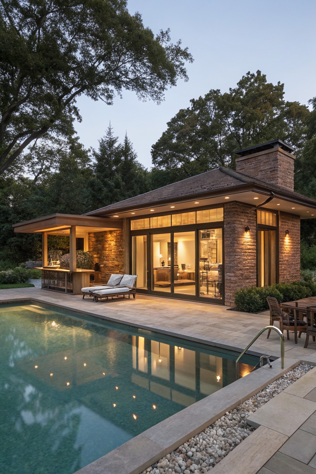 Modern brown brick pool house pavilion at dusk with large glass walls, covered outdoor bar, lounge chairs, dining table, adjacent infinity-edge pool, and surrounding trees.