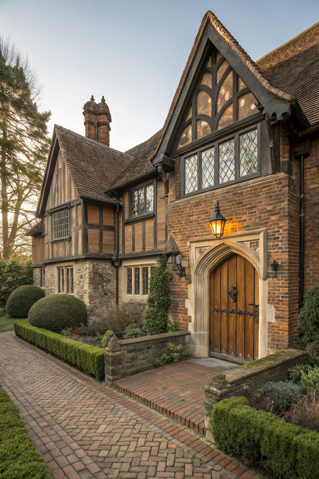 Brown brick house exterior with dark timber framing on gables and walls, arched wooden front door with iron hardware and lanterns, brick pathway and evergreen shrubs in the foreground.