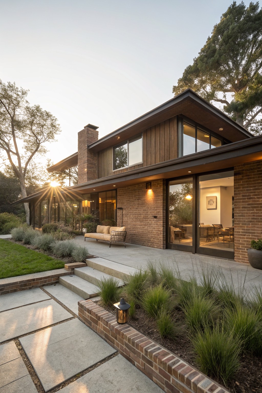 Brown brick house exterior with vertical wood siding on upper walls, large sliding glass doors opening to a concrete patio with lounge chairs and potted plants, steps leading down to landscaped grasses, trees, and sunset light.