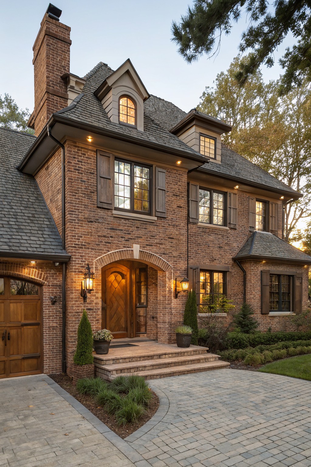 Two-story brown brick house exterior featuring a slate gable roof, arched wooden front entry door with lanterns and brick archway, wooden garage door, curved paver driveway, and low shrubs.