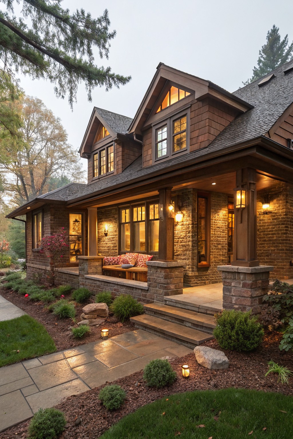 Brown brick house exterior featuring a deep covered porch with timber posts on stone bases, lantern lights, large windows, shingle siding, and a stone pathway with landscaping at dusk.
