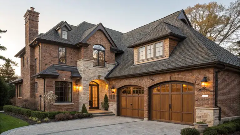 Two-story brown brick house exterior featuring a slate gable roof, arched wooden front entry door with lanterns and brick archway, wooden garage door, curved paver driveway, and low shrubs.