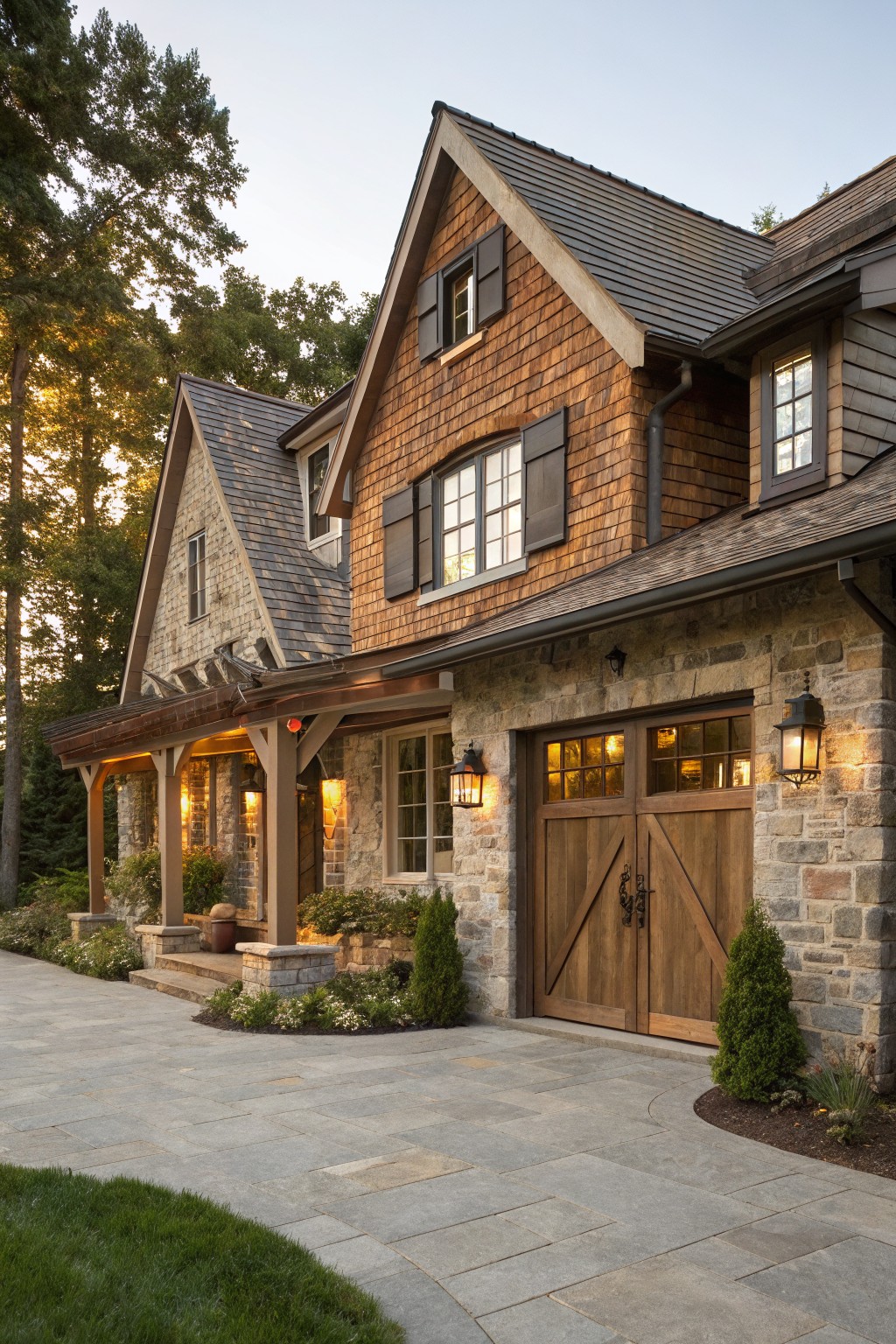 House exterior with cedar shingle siding on upper levels, stone base and garage with wooden double doors, timber-framed porch, lanterns, potted plants, and bluestone walkway bordered by grass and shrubs at dusk.