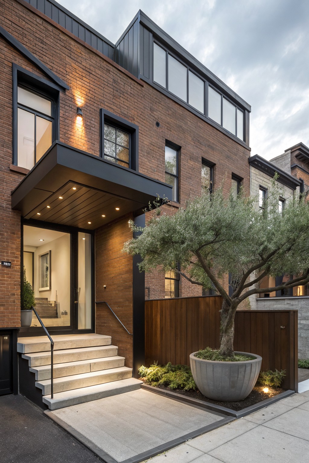 Three-story brown brick townhouse exterior with black metal canopy over front entry steps, flanked by wood fence and large potted olive tree.