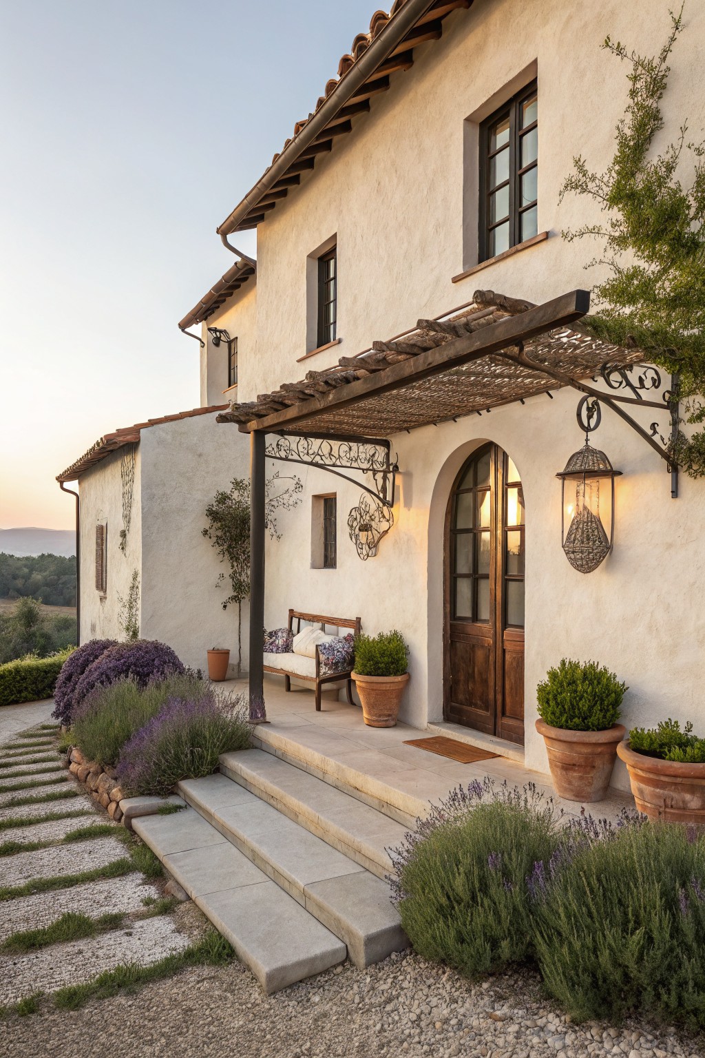 White stucco house exterior with terracotta roof, arched wooden front door under wooden pergola with wrought-iron details and lanterns, stone steps, potted plants, lavender shrubs, and gravel path at dusk with hills in background.