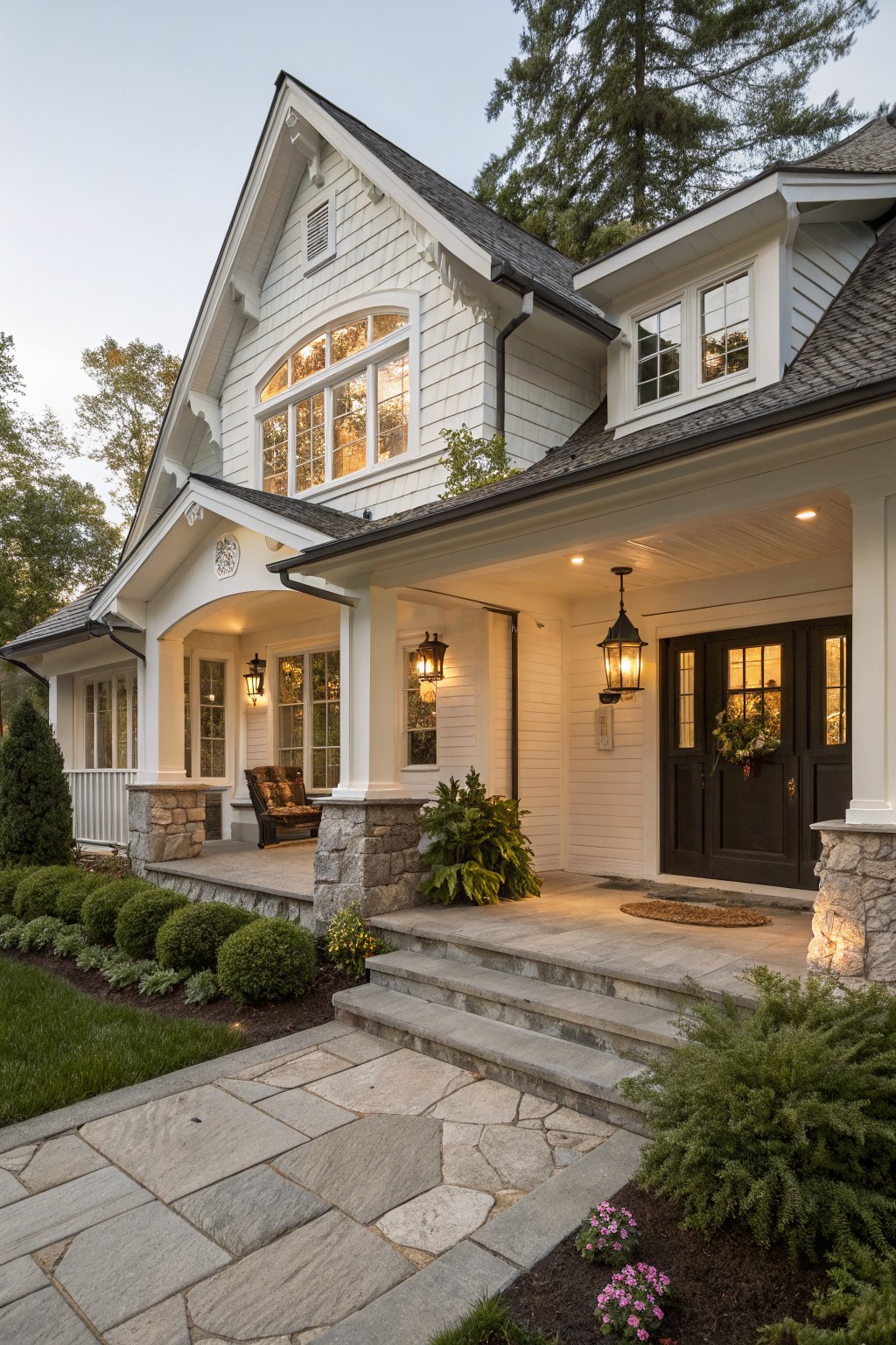 White clapboard house with gabled roof and deep covered front porch supported by columns on stone piers, black double front door flanked by lanterns, steps leading to porch, stone path, shrubs, and trees at dusk.