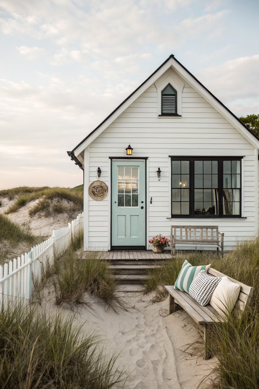 Small white shingled house with teal front door, black-framed windows, wall lanterns, woven wall hanging, potted flowers, weathered wooden bench with pillows, white picket fence, and sandy path amid beach grass and dunes.