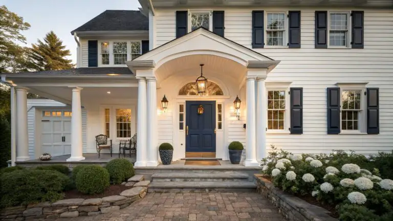 White two-story colonial house exterior with navy blue front door, matching shutters, columned portico, brick entry steps, hydrangea shrubs, and bluestone pathway at dusk.