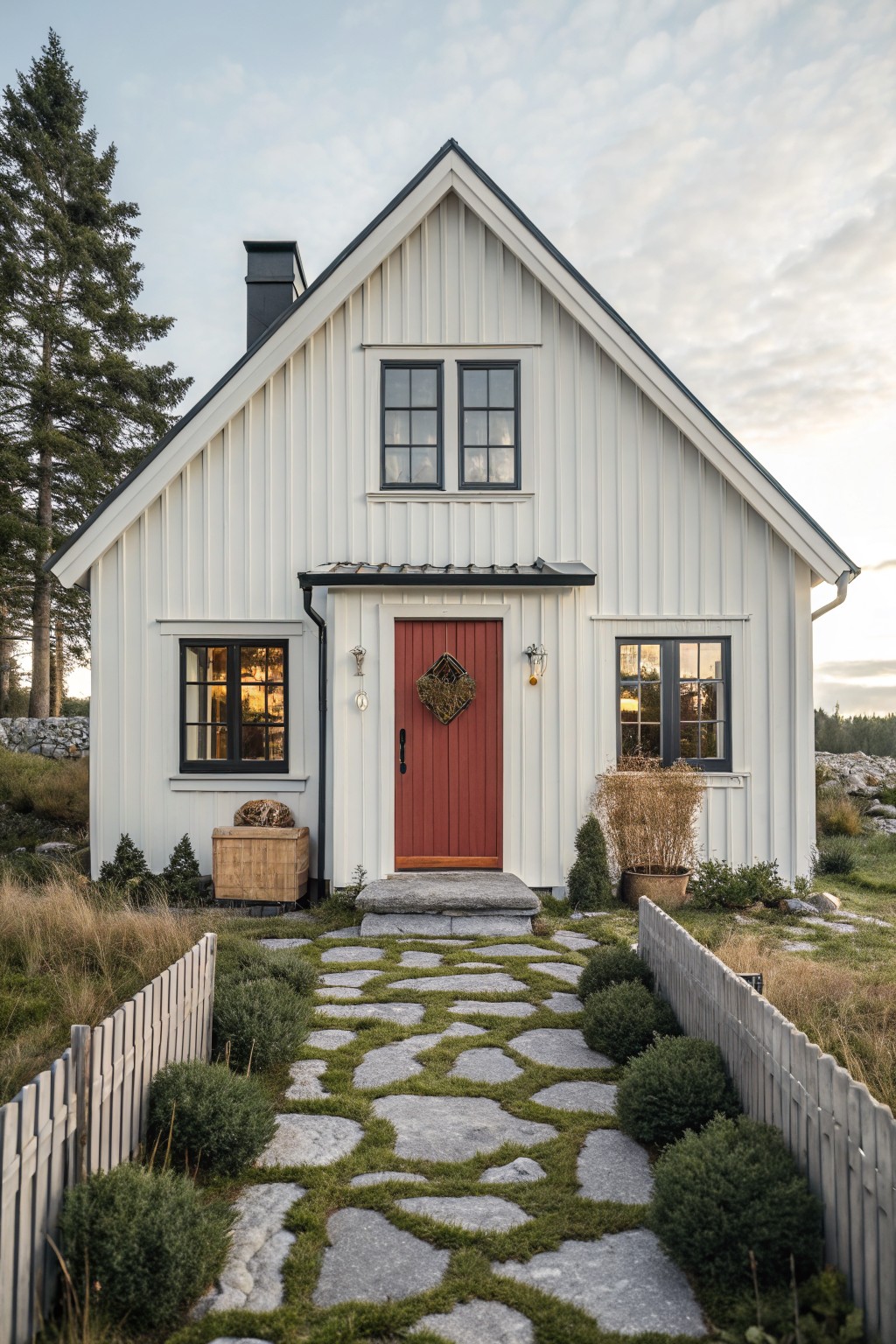White gabled house with vertical board siding, black-framed windows, red front door with lanterns, stone stepping path, picket fence, boxwood shrubs, firewood basket, and pine trees on rocky terrain at sunset.