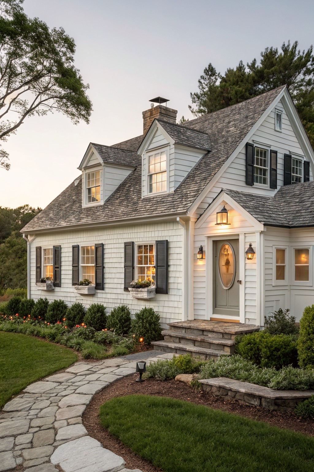 White shingle-style house with clapboard siding, black shutters, grey front door featuring an oval window, stone steps leading to the entry flanked by lanterns, flagstone path, and landscaped gardens with shrubs and flowers at dusk.