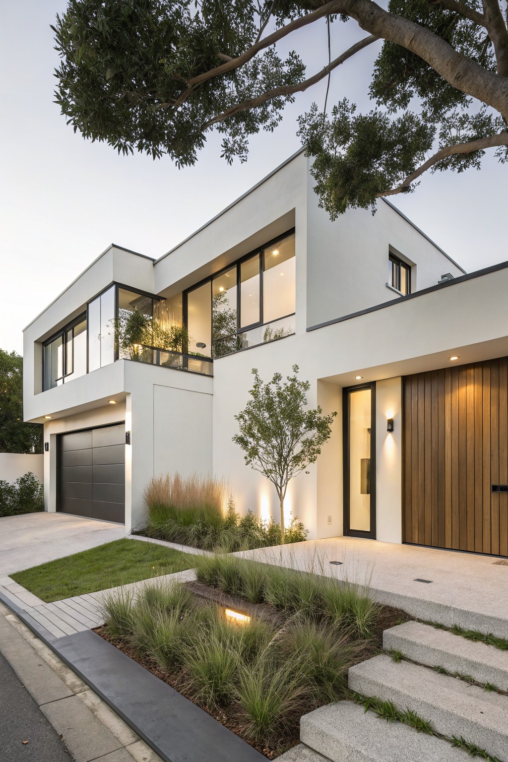Modern two-story white stucco house exterior featuring geometric forms, large glass windows, wooden front door, side garage, steps, grasses, and a tree overhanging the driveway at dusk.