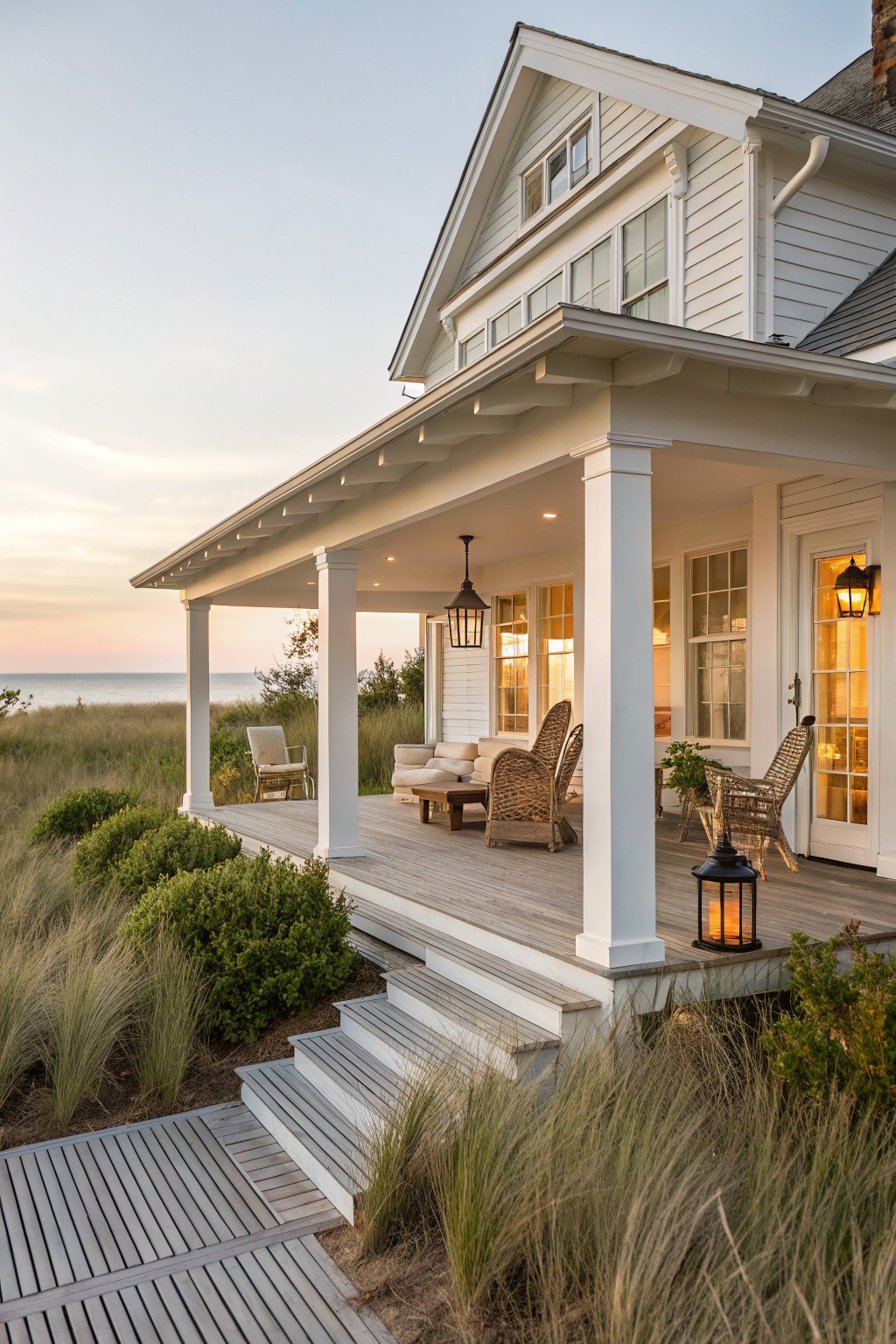 White clapboard beach house with deep wooden porch supported by tall columns, wicker furniture on deck, sea grass and dunes leading to ocean at dusk