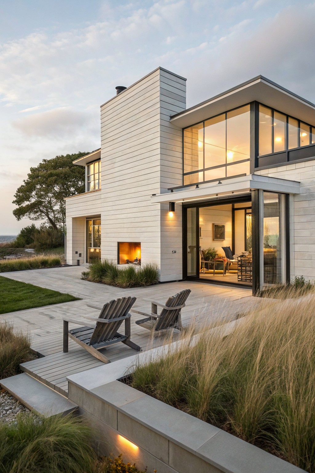 Modern white house exterior featuring vertical board-and-batten siding, large glass walls and sliding doors opening to a stone patio with Adirondack chairs, an outdoor fireplace, grasses, and ocean view at dusk.
