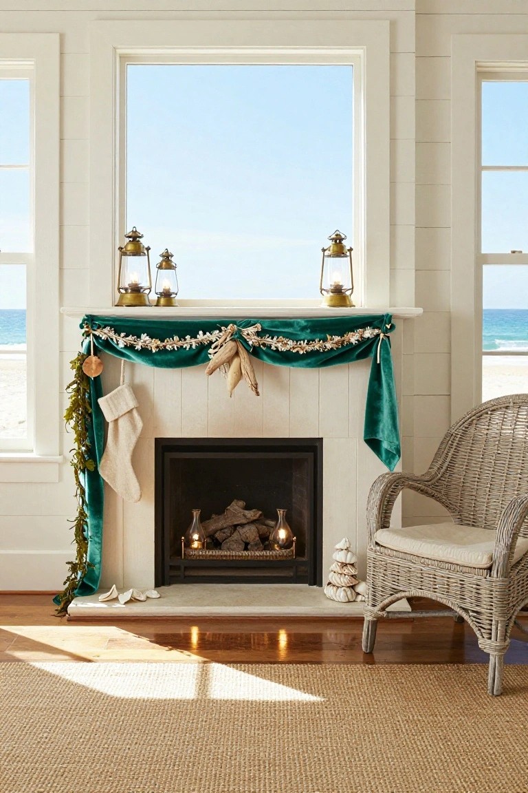 White shiplap fireplace mantel decorated with green velvet ribbon garland, seashells, starfish, corn husks, gold lanterns, a white stocking, and seashells on the hearth, next to a wicker chair, with ocean view through large windows.