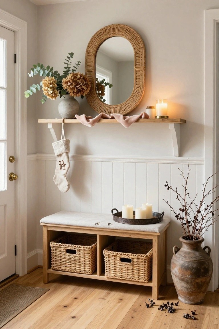 Entryway corner with light gray walls, white wainscoting, open door, floating oak shelf holding oval rattan mirror, dried eucalyptus and hydrangea bouquet in gray pot, pink draped fabric, two brass candle holders, cream monogrammed knit stocking hanging from shelf bracket, wooden bench with white cushion and two wicker baskets below, tin tray with candles on bench, tall terracotta vase with dried branches on floor, light oak hardwood flooring.