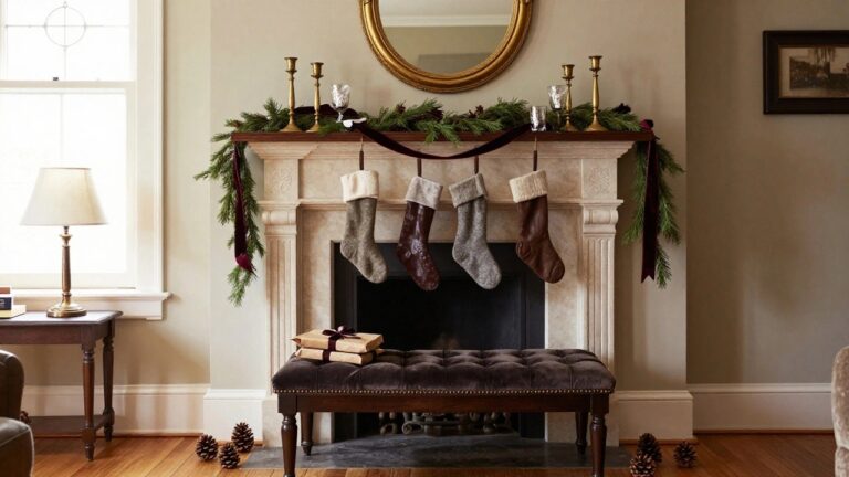 Marble fireplace mantel with deep red velvet ribbon draped along the top from which assorted knit stockings in black, beige, red, gray, and maroon hang, flanked by brass candelabras with white candles and a large gold-framed mirror above, plus wrapped gifts on a tufted bench in front.