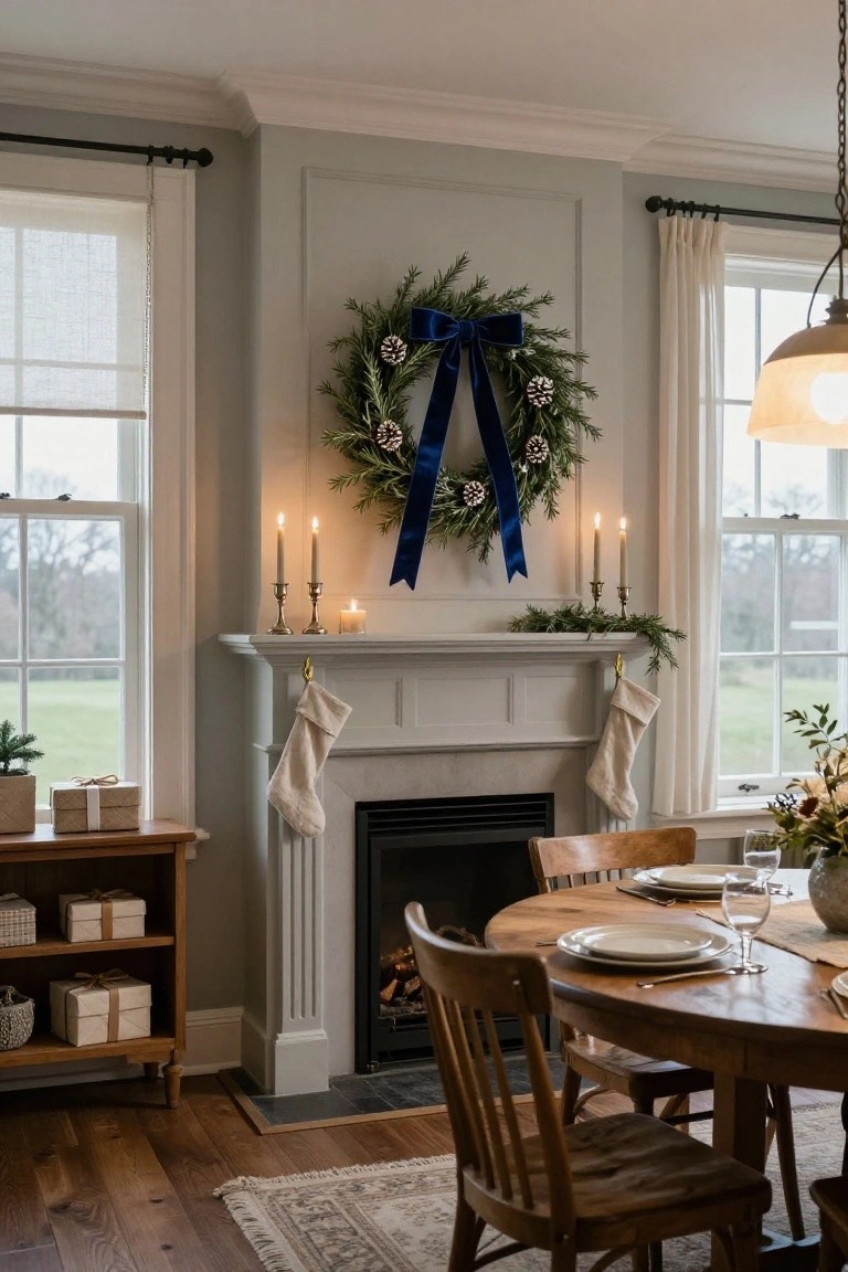 Cozy interior with fireplace mantel holding a large evergreen wreath with navy blue velvet ribbon bow, white stockings on hooks, brass candlesticks and candles, beside wooden side table and dining area with large windows.
