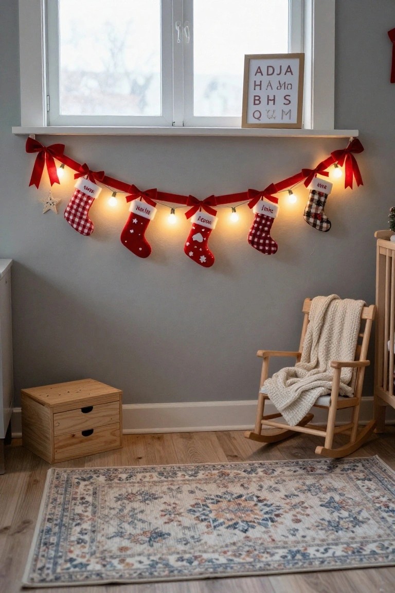 Gray nursery with red velvet ribbon garland strung with white lights holding personalized red, plaid, and check Christmas stockings above a window ledge, wooden rocking chair and crib dresser nearby.