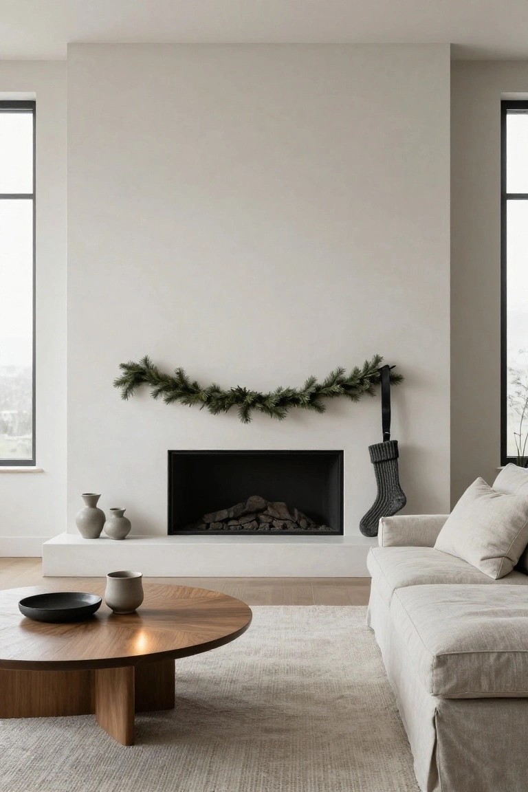 Modern living room interior featuring a black fireplace with white mantel shelf decorated by draped green evergreen garland and a single gray knit stocking hanging from a black strap, alongside a wood coffee table, beige sofa, and large windows.