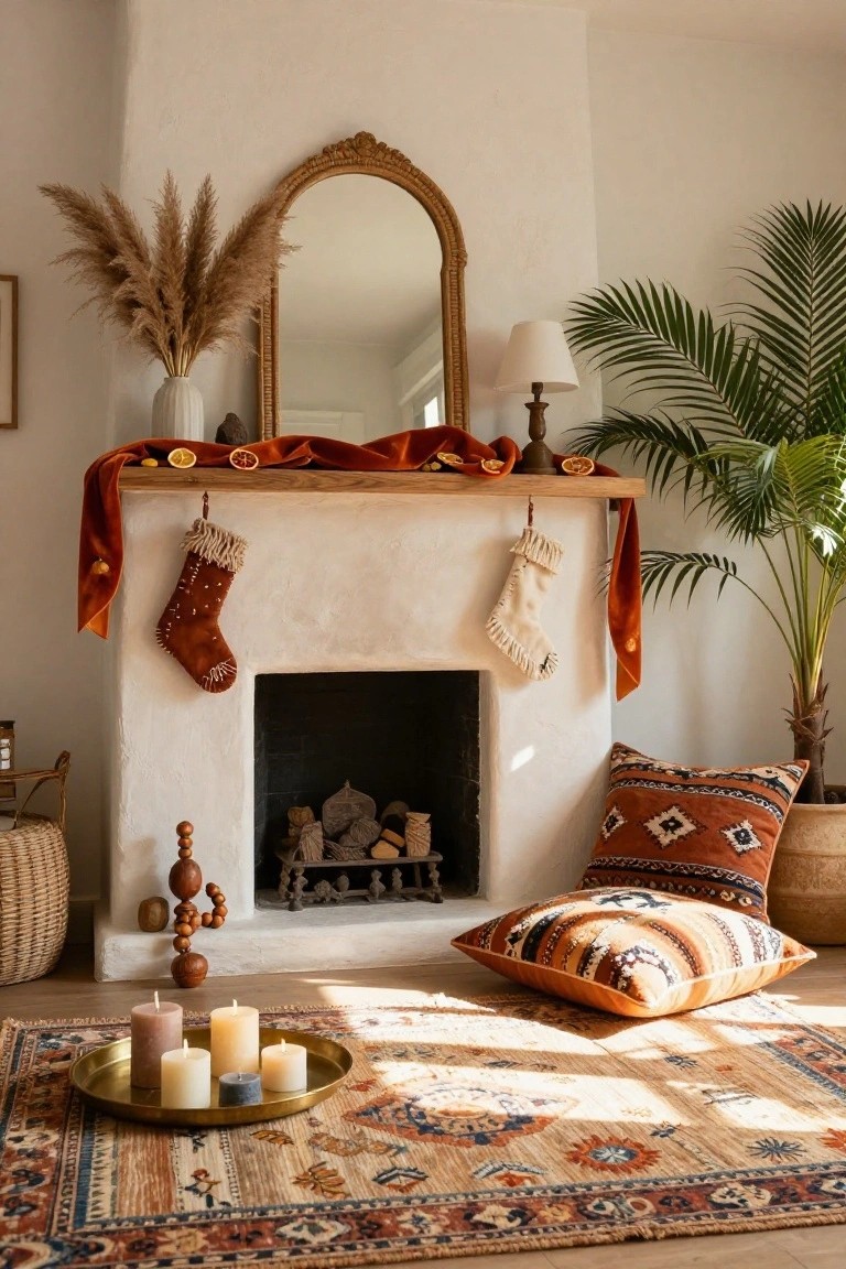 White stucco fireplace mantel decorated with burnt orange velvet ribbon draped across the top, two knit Christmas stockings hanging from it, dried orange slices, pampas grass in a vase, a gold mirror above, palm plant to the side, and candles on a brass tray on the floor.