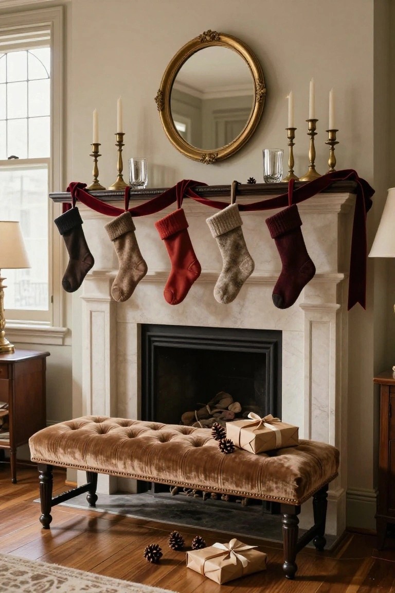 Marble fireplace mantel with deep red velvet ribbon draped along the top from which assorted knit stockings in black, beige, red, gray, and maroon hang, flanked by brass candelabras with white candles and a large gold-framed mirror above, plus wrapped gifts on a tufted bench in front.