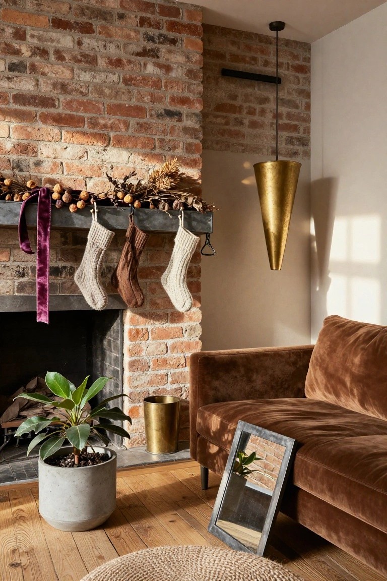 Brick fireplace mantle decorated with purple velvet ribbon, garland of dried flowers and berries, and assorted knit stockings, beside a brown velvet sofa and potted plant in a warmly lit room.
