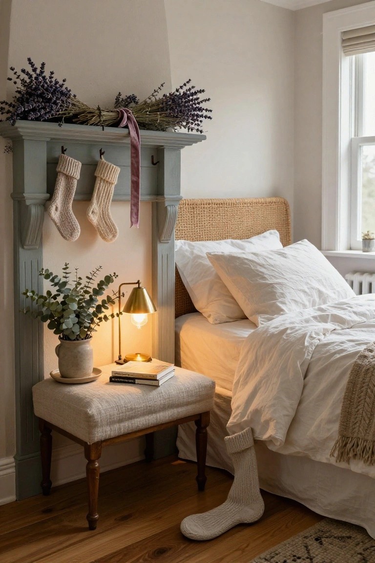 Painted fireplace mantel in a bedroom corner decorated with dried lavender bundles tied by purple velvet ribbon, two white knit stockings hanging from hooks, eucalyptus in a pot and brass lamp on an upholstered stool nearby, white bed with rattan headboard and wool sock on wood floor.
