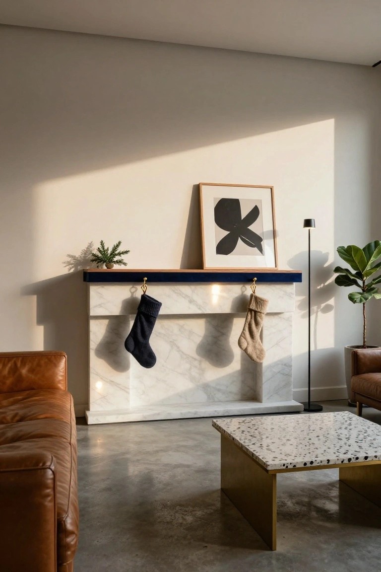 Modern living room with white marble fireplace mantel topped by navy blue trim and gold hooks holding a navy stocking and a beige stocking, leather sofas on either side, terrazzo coffee table, floor lamp, and plants.