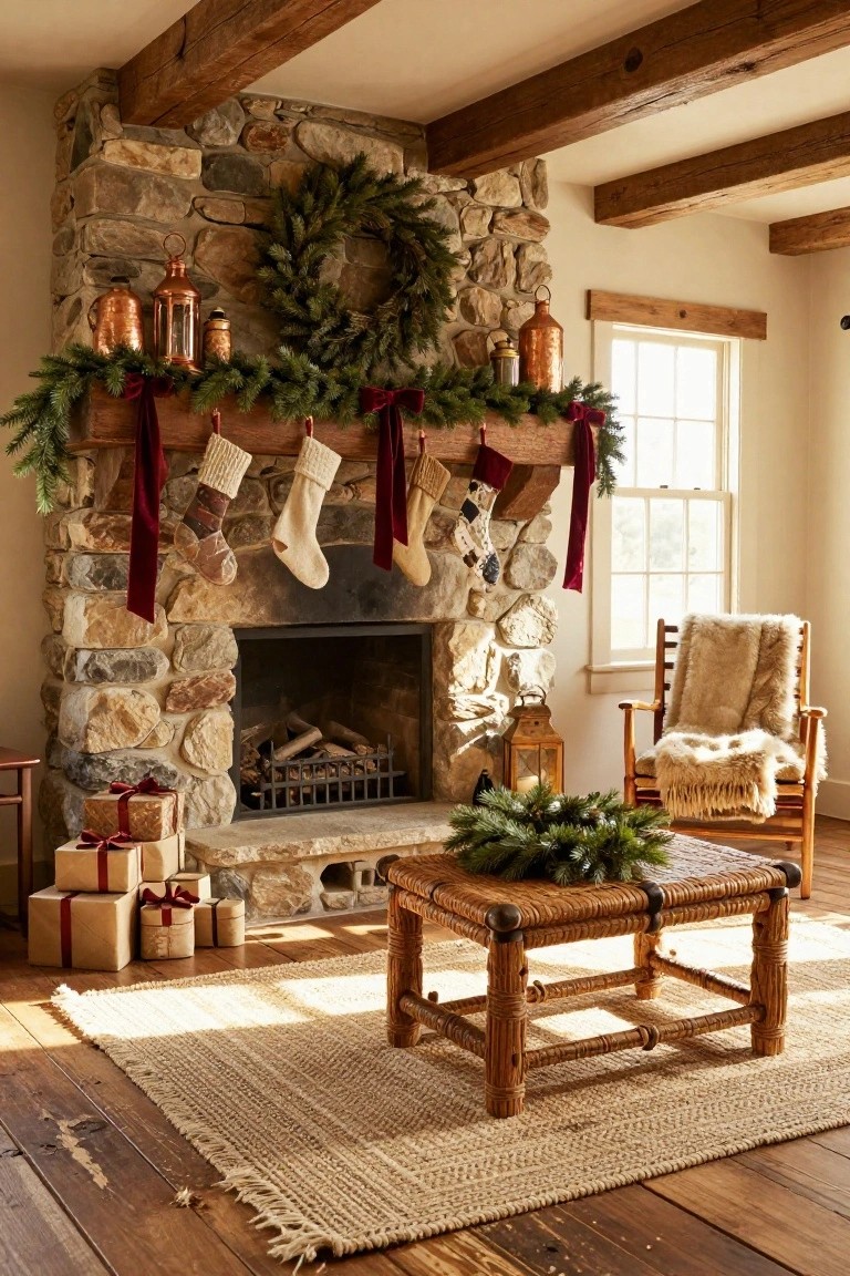 Rustic stone fireplace mantel decorated for Christmas with evergreen garlands, red velvet ribbons suspending knit stockings, copper lanterns, wrapped gifts on the hearth, wooden stool with greenery, rattan ottoman, and shearling chair by a window.