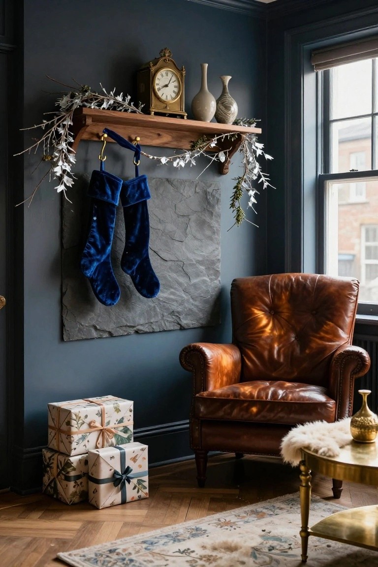 Dark blue walled room corner with wooden shelf displaying clock, vases, and garland above two hanging blue velvet Christmas stockings, tufted leather armchair, sheepskin throw on gold side table, and stacked wrapped gift boxes on wood floor.