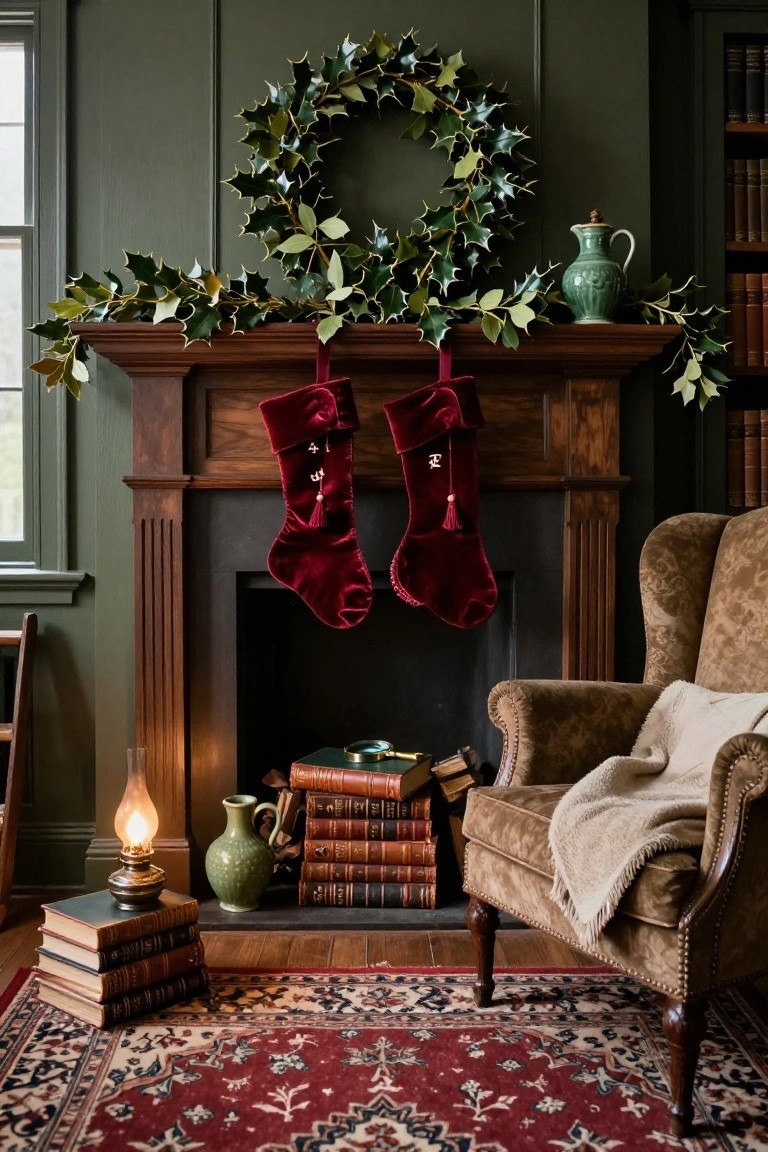 Green paneled room with wood fireplace mantel holding holly garland and two red velvet Christmas stockings with tassels, next to a tufted armchair, stacks of antique books, green vase, oil lamp, and red oriental rug.
