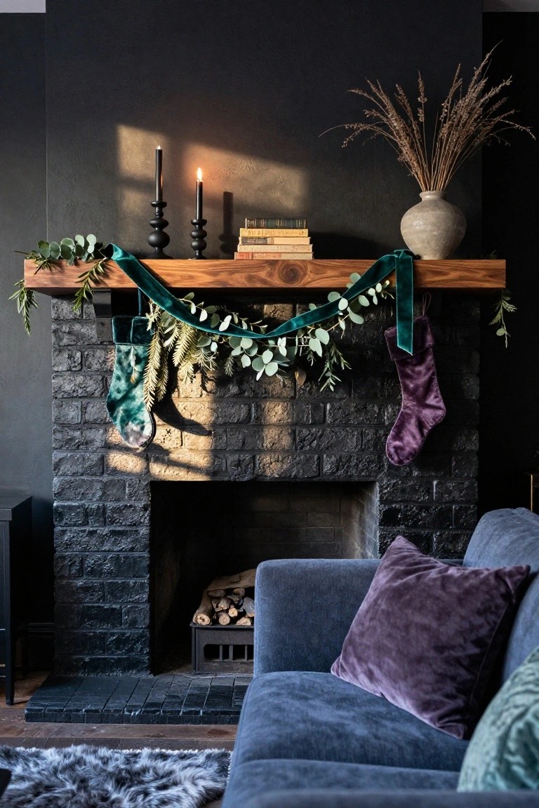Dark brick fireplace with wooden mantel beam wrapped in green velvet ribbon and eucalyptus garland, green and purple velvet stockings hanging from it, black candlesticks and books on the mantel, pampas grass in a beige vase, and blue velvet sofa with purple and green pillows in front.