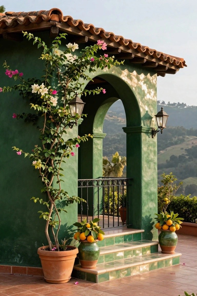 Dark green stucco exterior wall with an arched entryway framed by climbing bougainvillea vines, wrought iron gate, hanging lanterns, potted orange trees, and green tiled steps leading to a terrace overlooking hills.