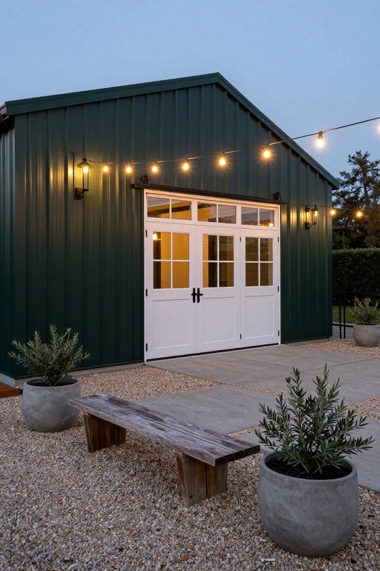 Dark green metal barn-style building with large white double doors, wall lanterns, string lights overhead, potted olive trees, a wooden bench, gravel ground, and concrete patio in front.