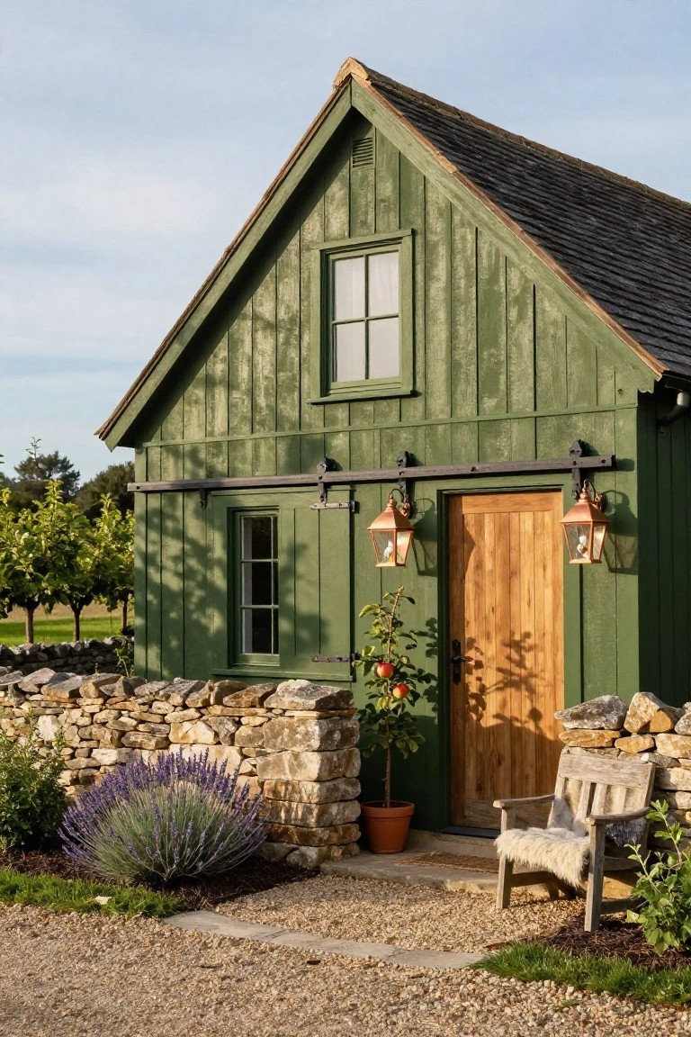 Small wooden outbuilding painted dark green with board-and-batten siding, sliding barn door, two copper lanterns, stone wall base, lavender bush, potted apple tree, bench, and gravel path.